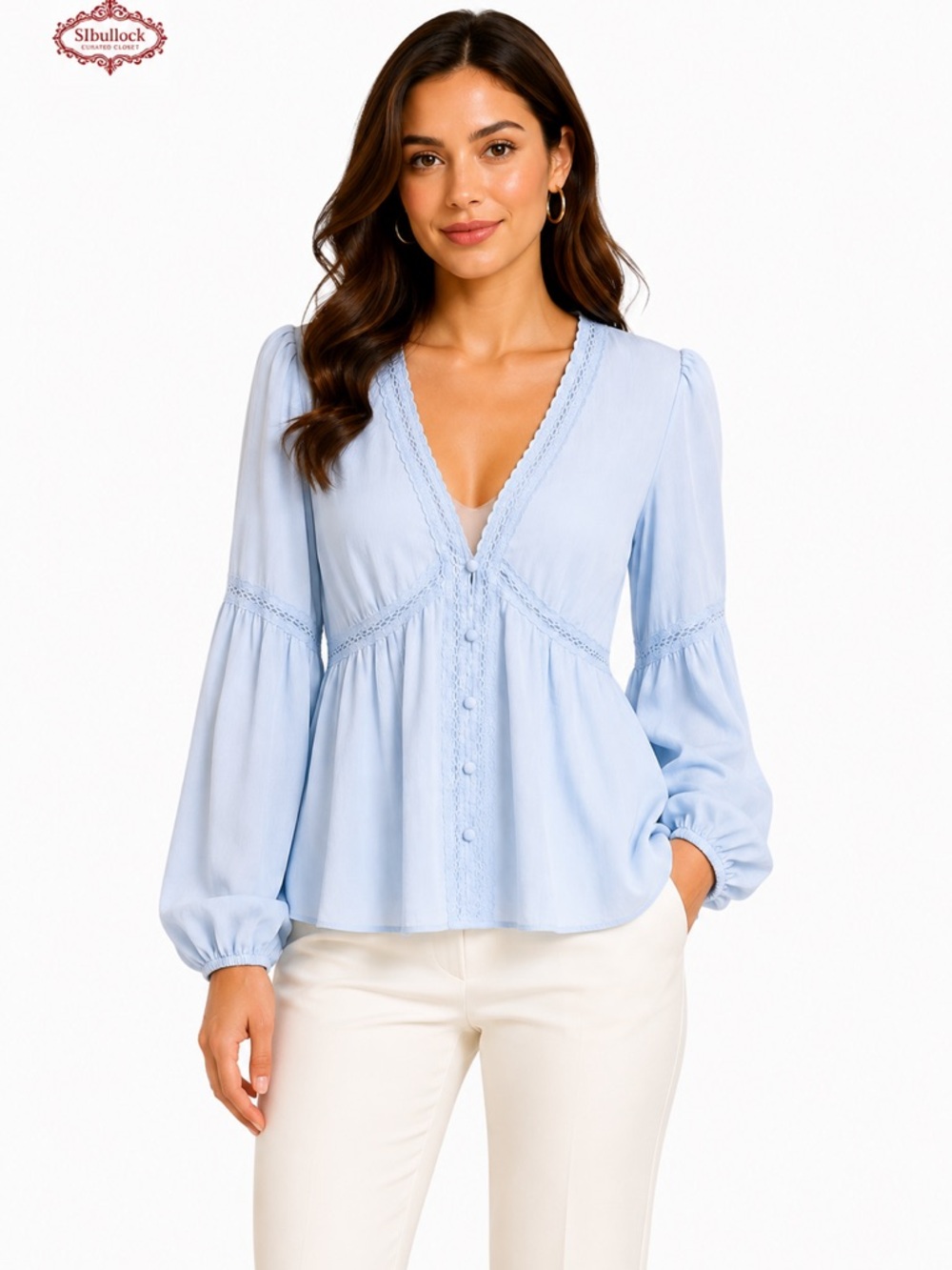 DR2 Size Small Blue Lace Trim Blouse Balloon Sleeve Button Front NWOT